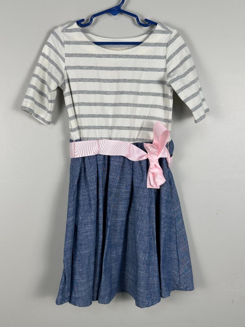 Hope &  Henry Girls Dress Size Small Half Sleeve Stripes Blue Bow Grey Spring